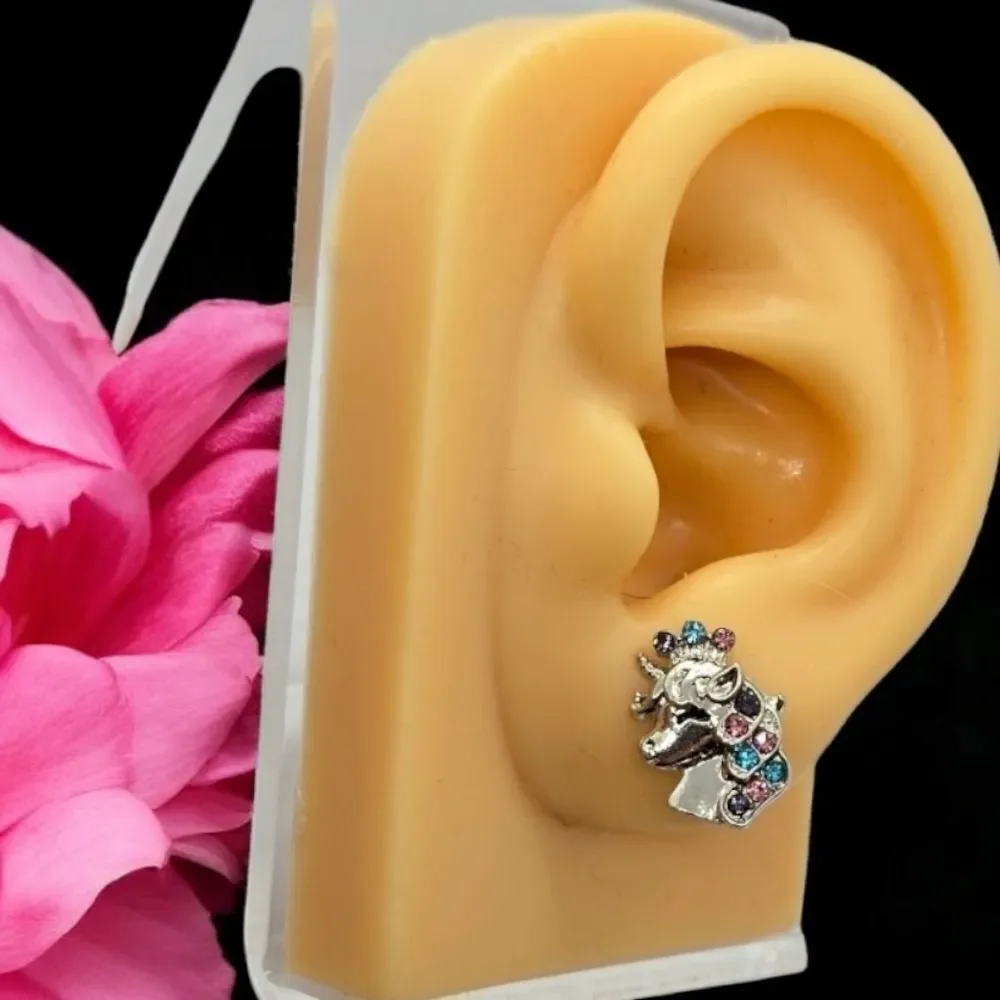 Unicorn Rhinestone Silver Earrings Sparkly Pierced Ears Fantasy Fashion Jewelry